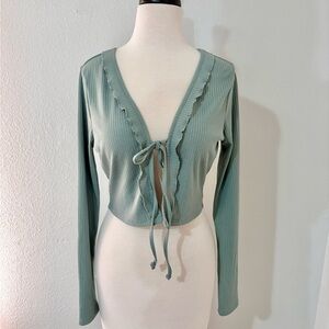Papermoon Sweater Cardigan Women's Ribbed Tie-Front Top - Sage Green